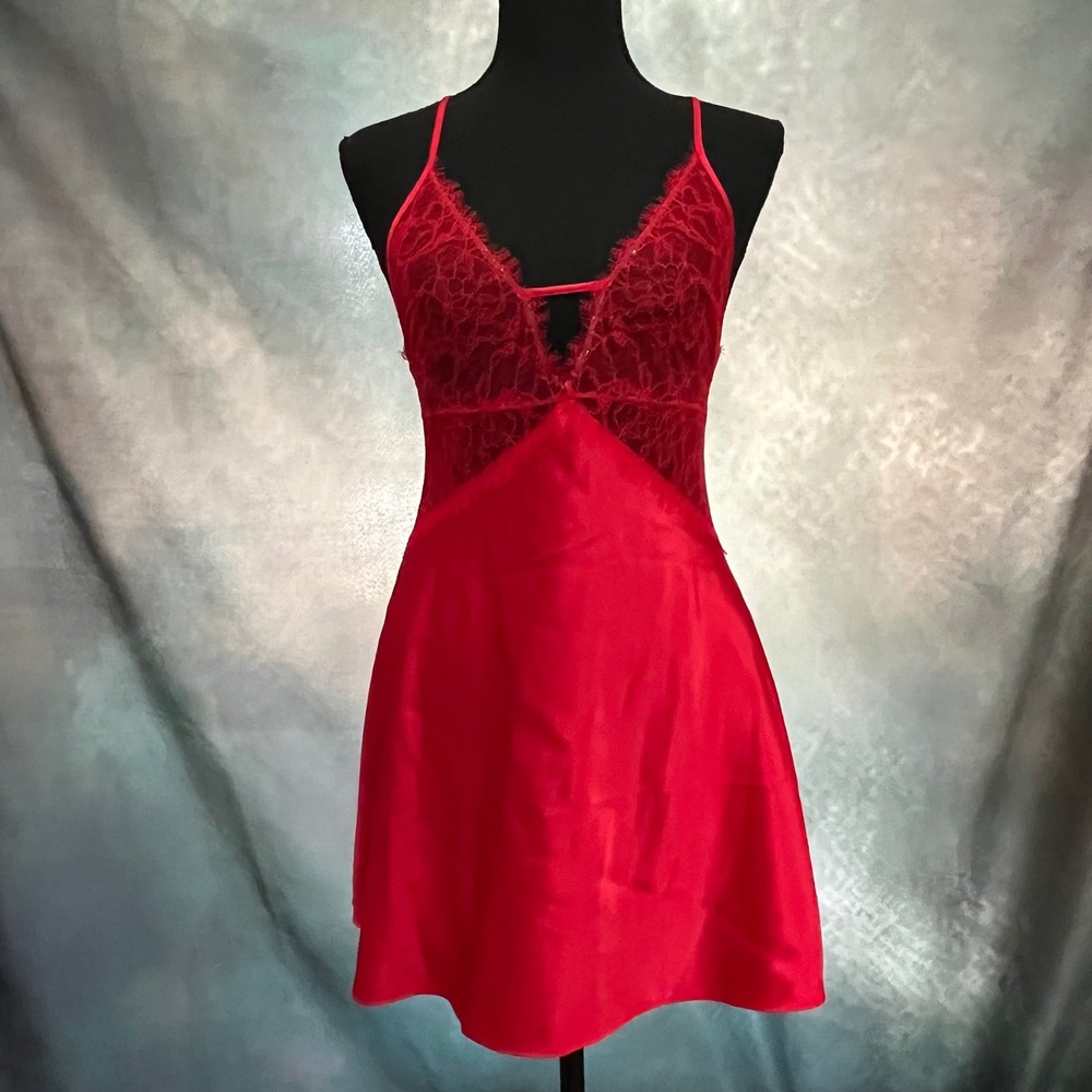 Victoria's Secret Red Satin and Lace Slip Dress Chemise Small Strappy Back